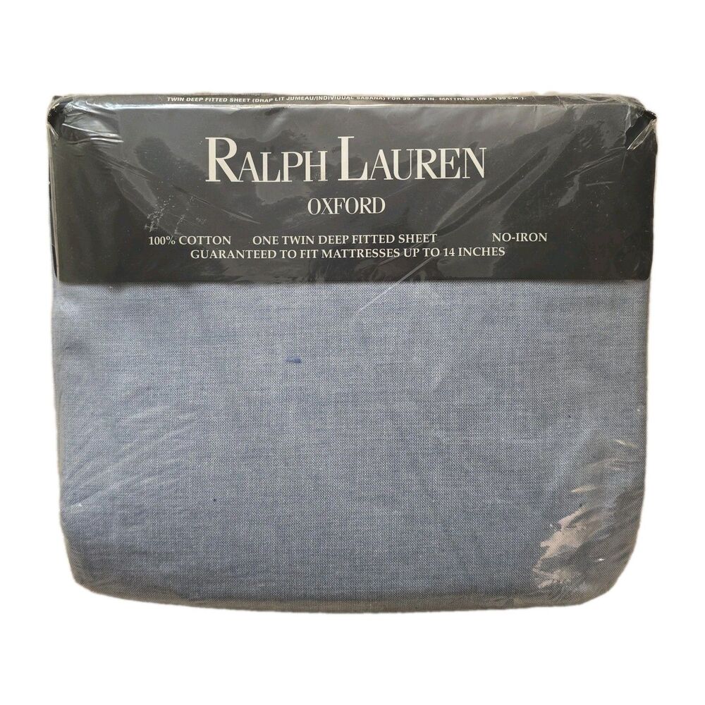Vintage Ralph Lauren Oxford Twin Fitted Sheet Blue 100% Cotton Made in USA NOS
